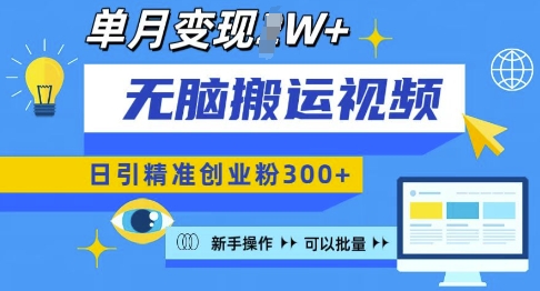 无脑搬运视频号可批量复制，新手即可操作，日引精准创业粉300+，月变现过W 【揭秘】-大熊网创
