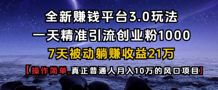 全新赚钱平台3.0玩法一天精准引流创业粉1000.7天被动躺Z收益21W【仅揭秘】-大熊网创