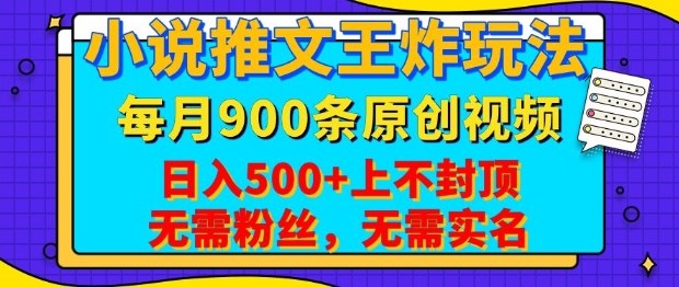 小说推文王炸玩法，一键代发，每月最多领900条原创视频，播放量收益日入5张，无需粉丝，无需实名【揭秘】-大熊网创