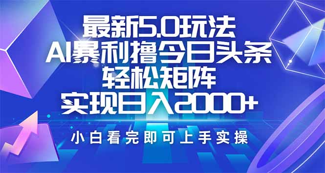 今日头条最新5.0玩法，思路简单，复制粘贴，轻松实现矩阵日入2000+-大熊网创
