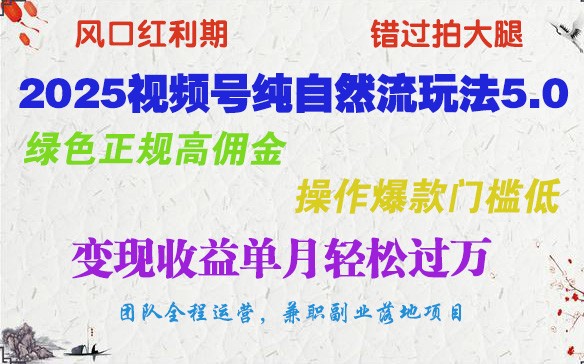 2025视频号纯自然流玩法5.0，绿色正规高佣金，操作爆款门槛低，变现收益单月轻松过万-大熊网创