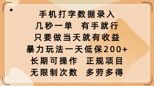 手机打字数据录入，几秒一单，有手就行，只要做当天就有收益，暴力玩法一天低保2张-大熊网创