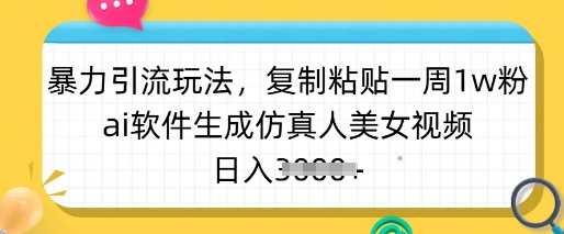 暴力引流玩法，复制粘贴一周1w粉，ai软件生成仿真人美女视频，日入多张-大熊网创