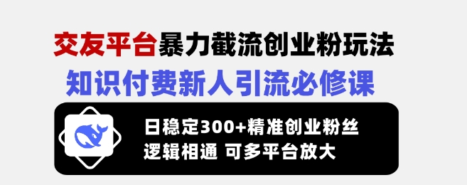 交友平台暴力截流创业粉玩法，知识付费新人引流必修课，日稳定300+精准创业粉丝，逻辑相通可多平台放大-大熊网创