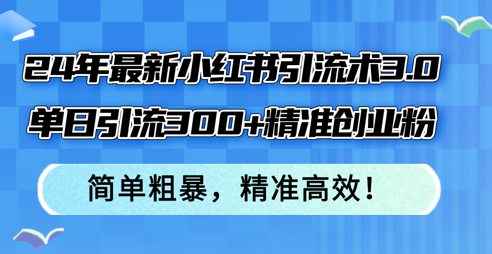 24年最新小红书引流术3.0，单日引流300+精准创业粉，简单粗暴，精准高效！-大熊网创