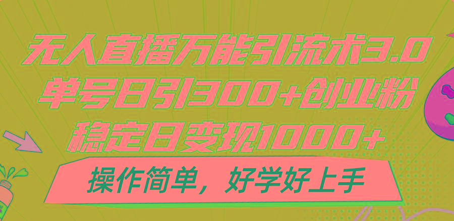 无人直播万能引流术3.0，单号日引300+创业粉，稳定日变现1000+，操作简单-大熊网创