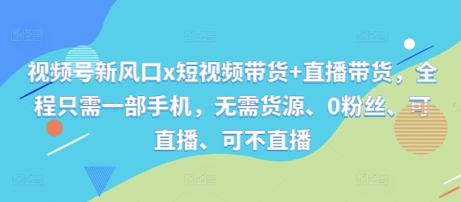 视频号新风口x短视频带货+直播带货，全程只需一部手机，无需货源、0粉丝、可直播、可不直播-大熊网创
