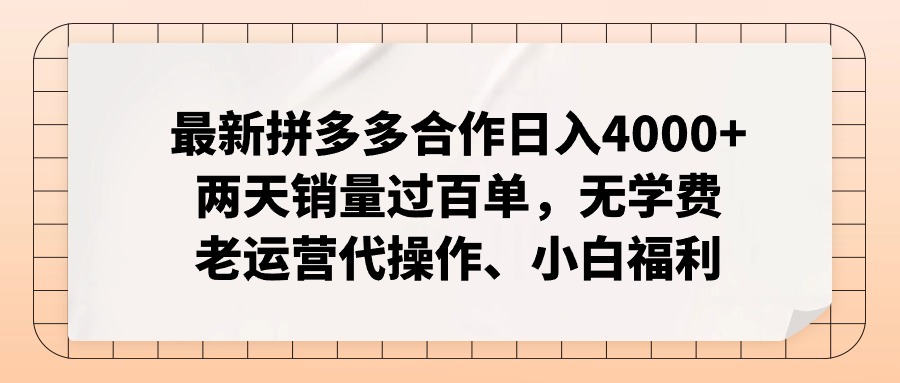 拼多多最新合作日入4000+两天销量过百单，无学费、老运营代操作、小白福利-大熊网创