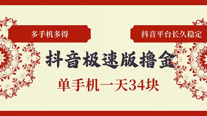 抖音极速版撸金 单手机一天34块 多手机多得 抖音平台长期稳定-大熊网创