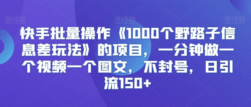 快手批量操作《1000个野路子信息差玩法》的项目，一分钟做一个视频一个图文，不封号，日引流150+【揭秘】-大熊网创