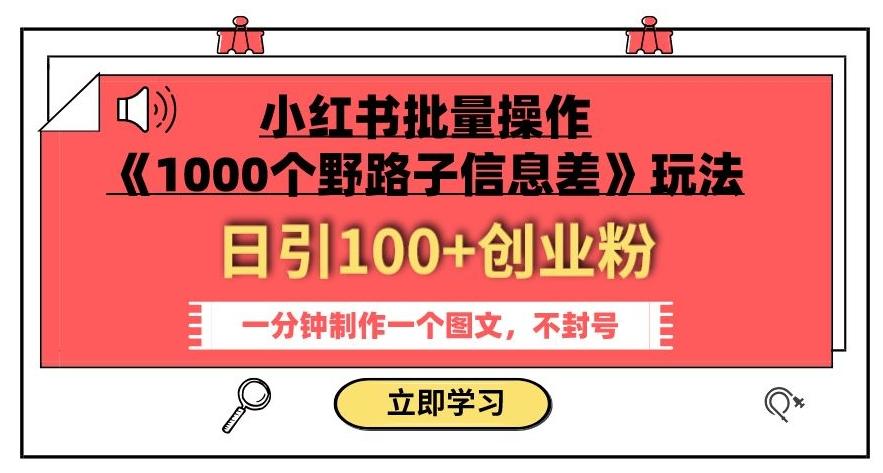小红书批量操作《1000个野路子信息差》玩法，一分钟制作一个图文，不封号，日引100+创业粉-大熊网创