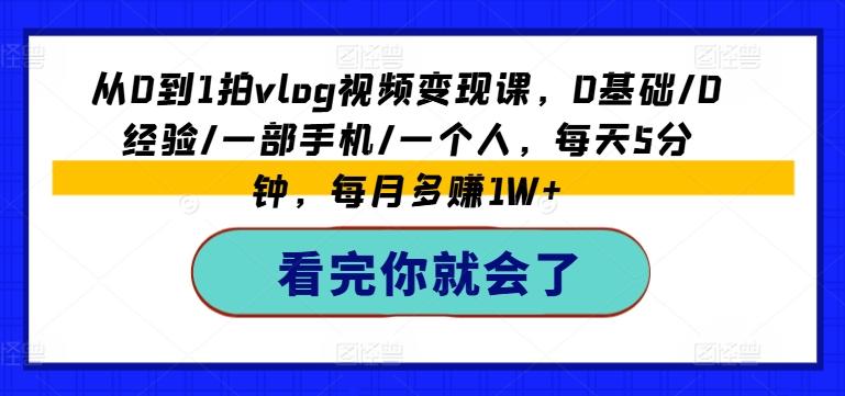 从0到1拍vlog视频变现课，0基础/0经验/一部手机/一个人，每天5分钟，每月多赚1W+-大熊网创