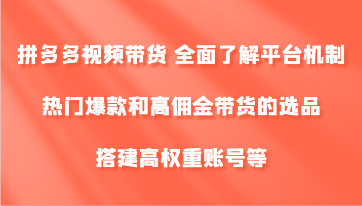 拼多多视频带货 全面了解平台机制、热门爆款和高佣金带货的选品，搭建高权重账号等-大熊网创