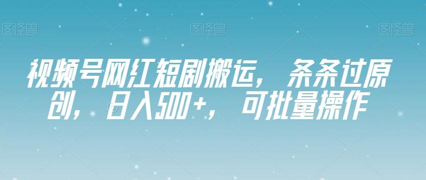 视频号网红短剧搬运，条条过原创，日入500+，可批量操作【揭秘】-大熊网创