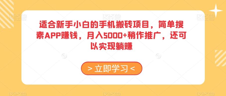 适合新手小白的手机搬砖项目，简单搜素APP赚钱，月入5000+稍作推广，还可以实现躺赚【揭秘】-大熊网创