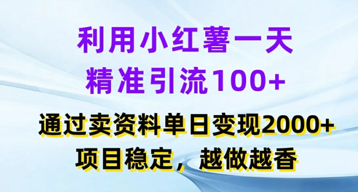利用小红书一天精准引流100+，通过卖项目单日变现2k+，项目稳定，越做越香【揭秘】-大熊网创