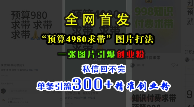 小红书“预算4980带我飞”图片打法，一张图片引爆创业粉，私信回不完，单条引流300+精准创业粉-大熊网创