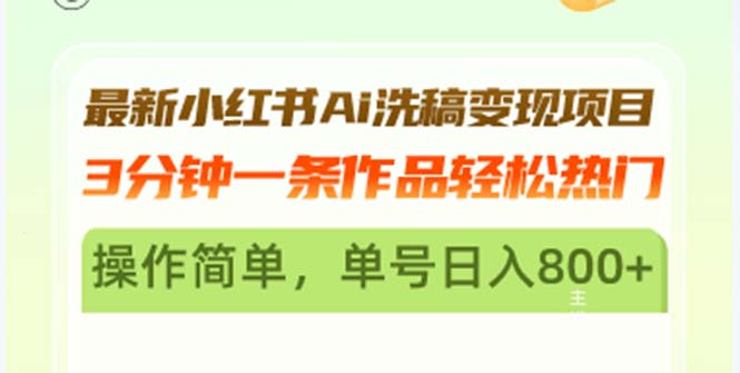 最新小红书Ai洗稿变现项目 3分钟一条作品轻松热门 操作简单，单号日入800+-大熊网创