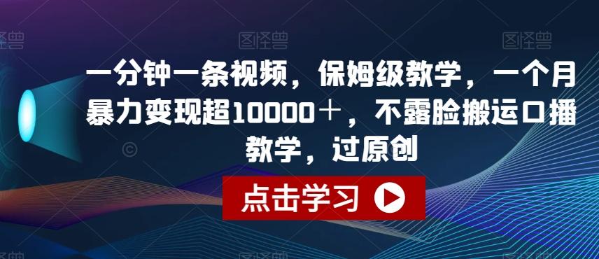 一分钟一条视频，保姆级教学，一个月暴力变现超10000＋，不露脸搬运口播教学，过原创-大熊网创