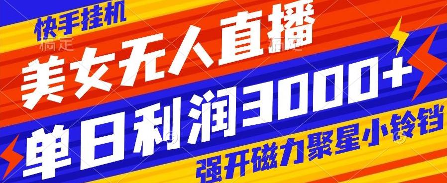 快手挂机，美女无人直播，强开磁力聚星小铃铛，日入3000+-大熊网创
