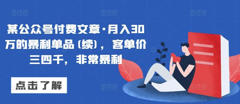 某公众号付费文章·月入30万的暴利单品(续)，客单价三四千，非常暴利-大熊网创