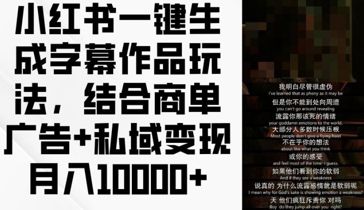 小红书一键生成字幕作品玩法，结合商单广告+私域变现月入1w+【揭秘】-大熊网创