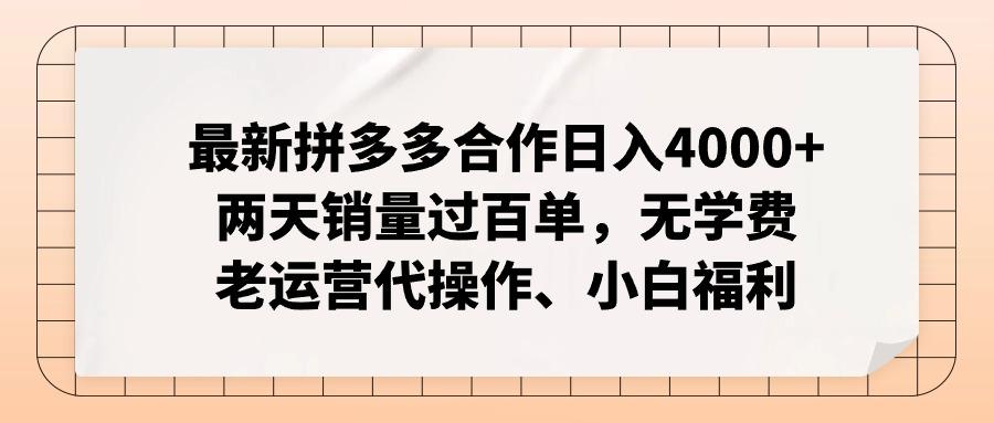 最新拼多多合作日入4000+两天销量过百单，无学费、老运营代操作、小白福利-大熊网创