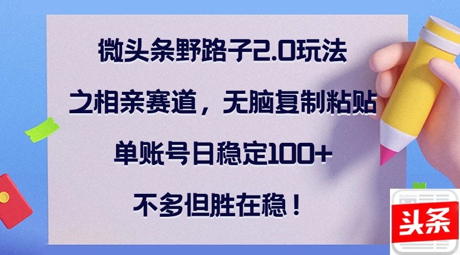 微头条野路子2.0玩法之相亲赛道，无脑复制粘贴，单账号日稳定100+，不…-大熊网创