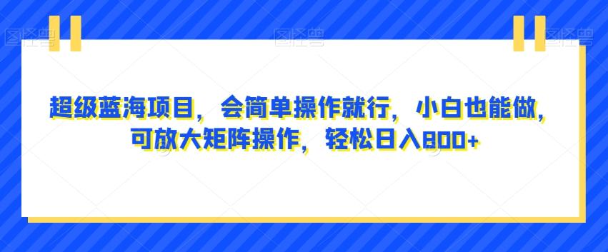 超级蓝海项目，会简单操作就行，小白也能做，可放大矩阵操作，轻松日入800+，-大熊网创